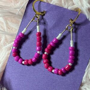 Hot Pink & White Beaded Hoops | Handmade